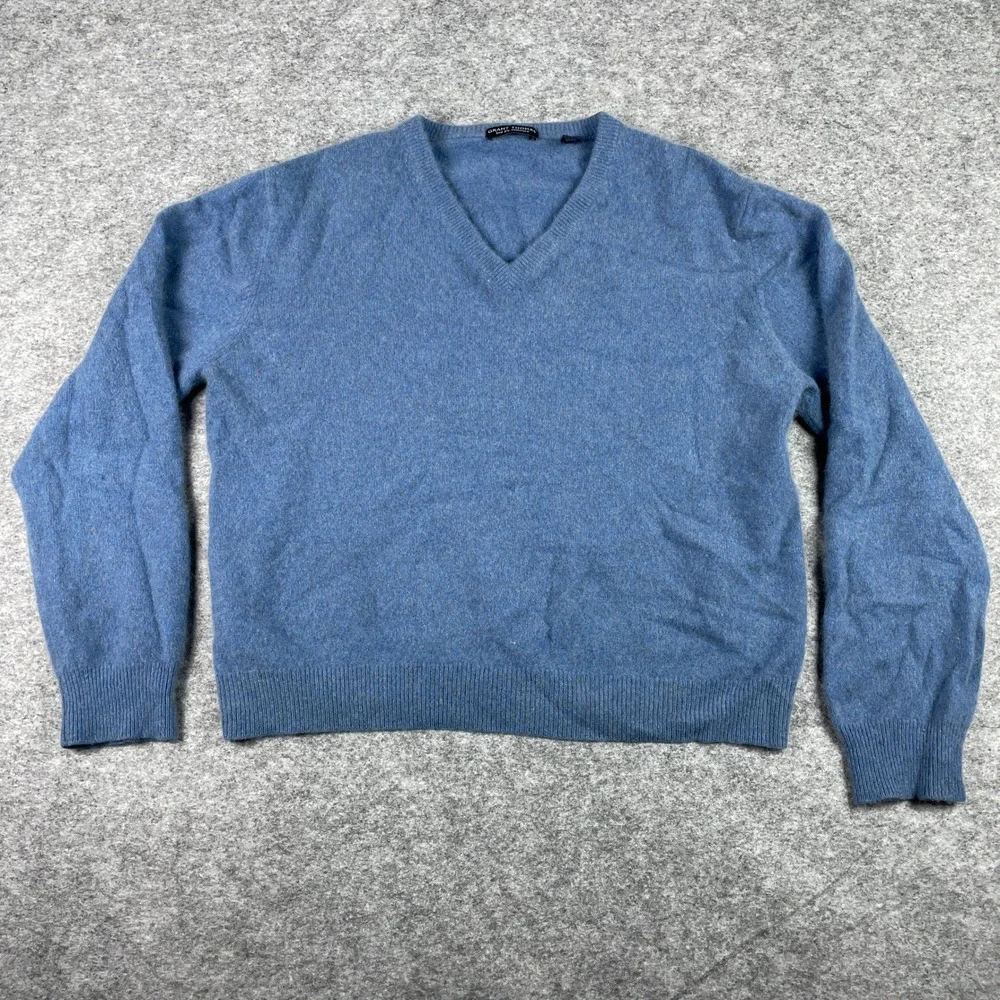 VTG Grant Thomas Sweater Mens XL Blue 100% Cashmere Two Ply V-Neck Pullover